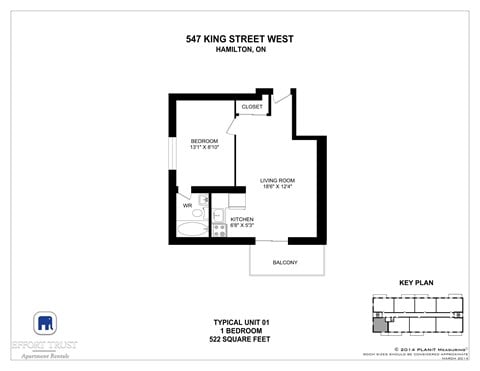 Floor plan for 1 bed, 1 bath, 522 sqft